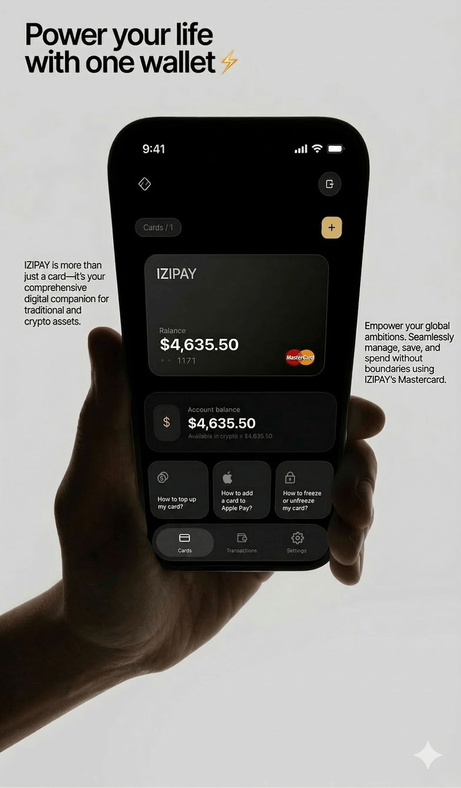 Close-up portrait of an iPhone open to the Google app on a light wood desk, fanned out behind three sleek, matte black physical IZIPAY payment cards featuring a minimalist geometric logo.